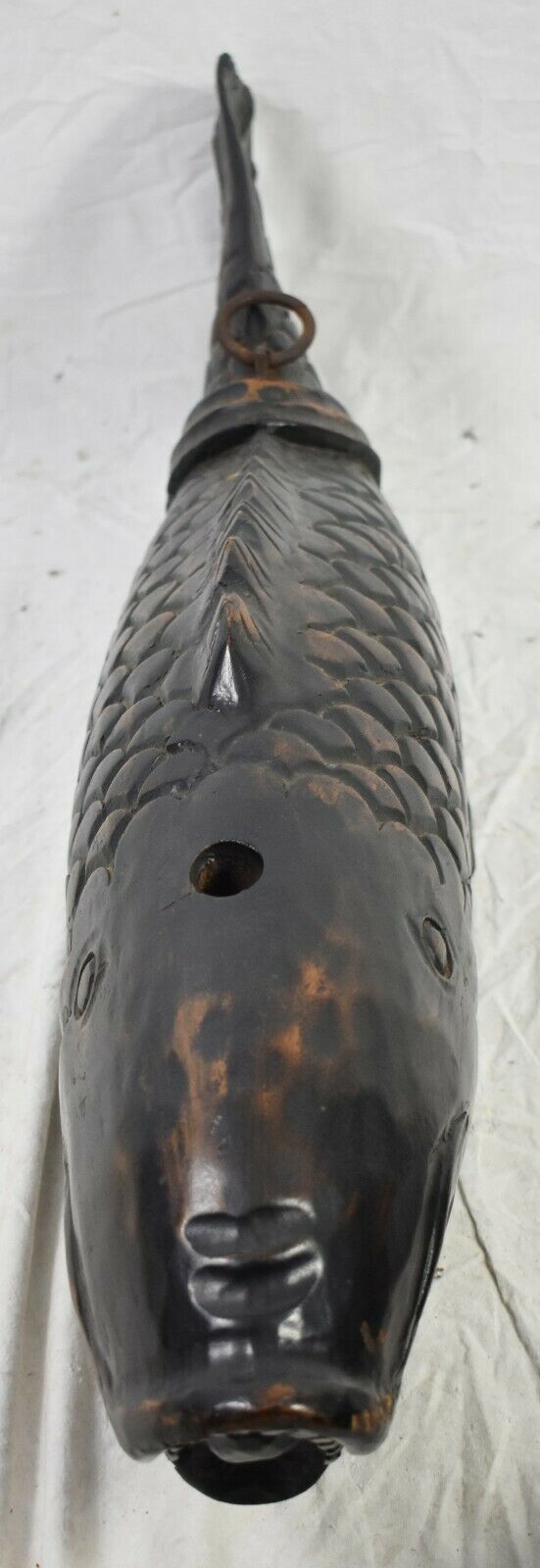 RARE MEIJI PERIOD JAPAN CARVED WOOD KOI FISH "JIZAI KAGI" KETTLE HOOK 33..5" W