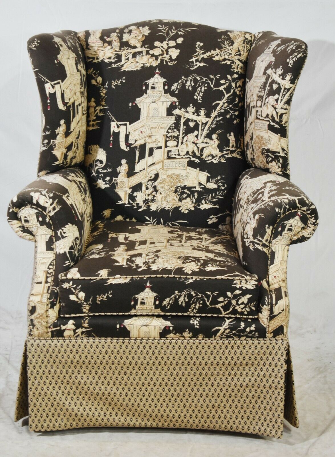 Baker Heritage Chippendale Wing Chair with Matching Ottoman Chinoiseries Fabric