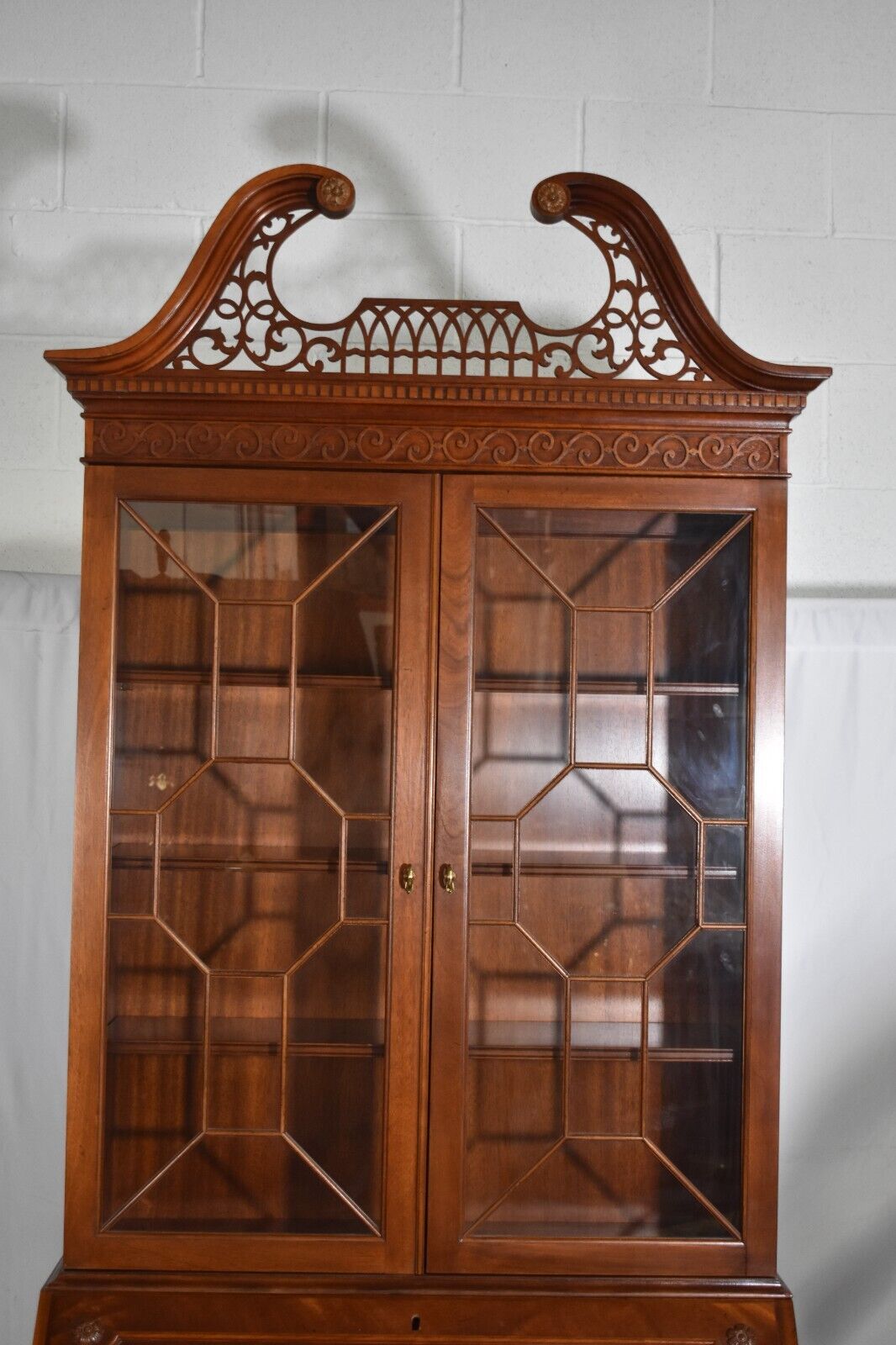 BAKER Chippendale Carved Flamed Mahogany Secretary Desk with Bookcase