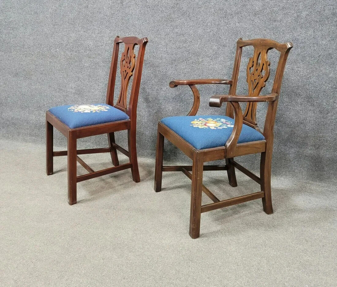 Set Of 6 HENKEL HARRIS Mahogany Dining Room Chairs Model 101 Needlepoint Fabric