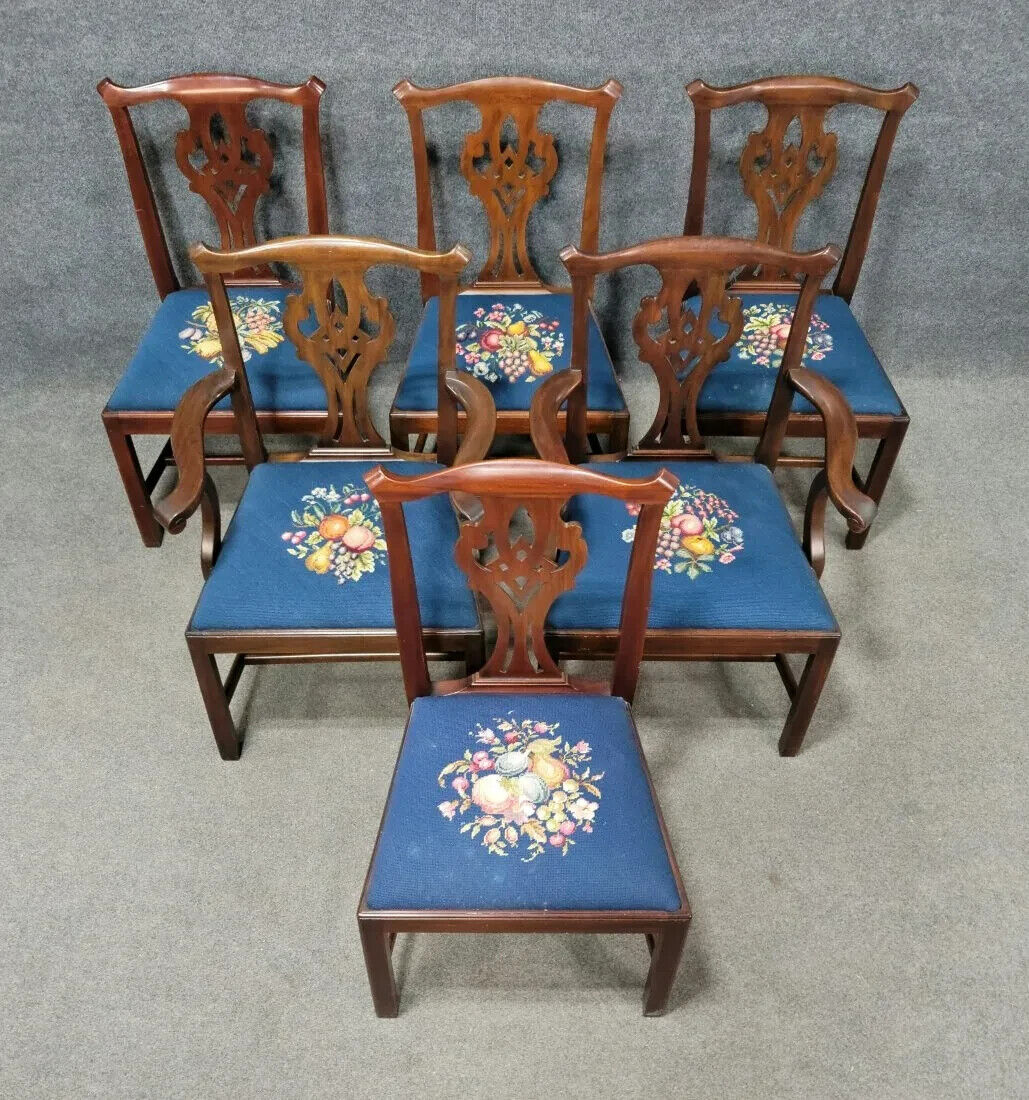 Set Of 6 HENKEL HARRIS Mahogany Dining Room Chairs Model 101 Needlepoint Fabric