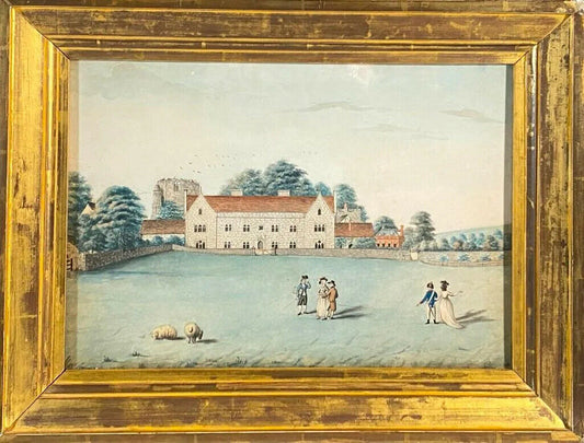 18th Century British School Framed Watercolor with Figural and Landscape Scene