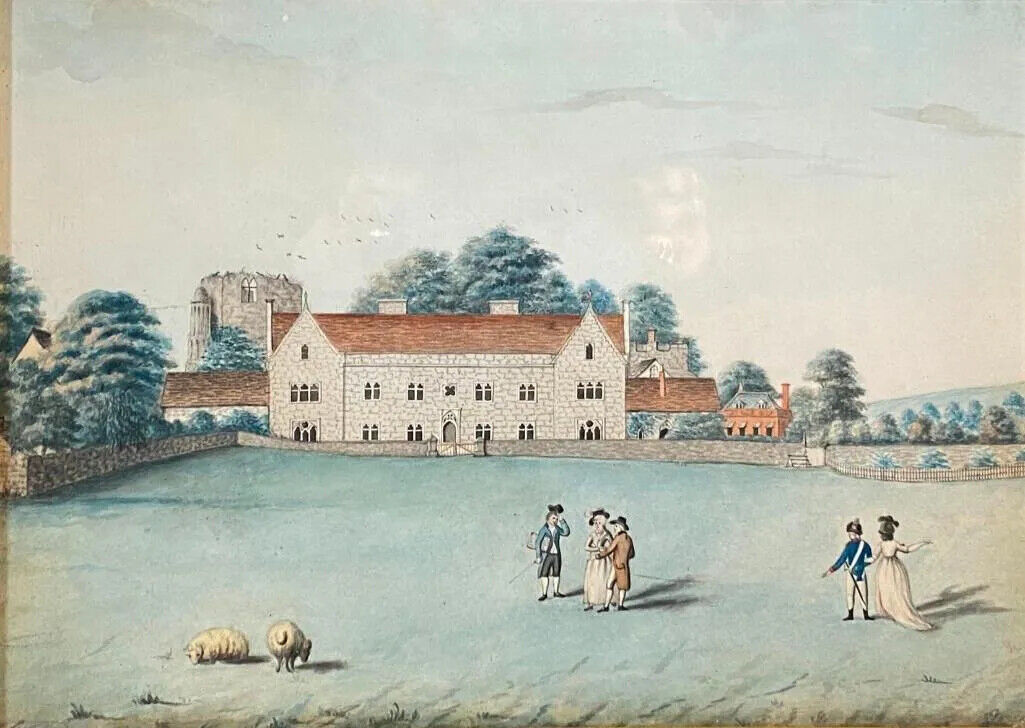 18th Century British School Framed Watercolor with Figural and Landscape Scene