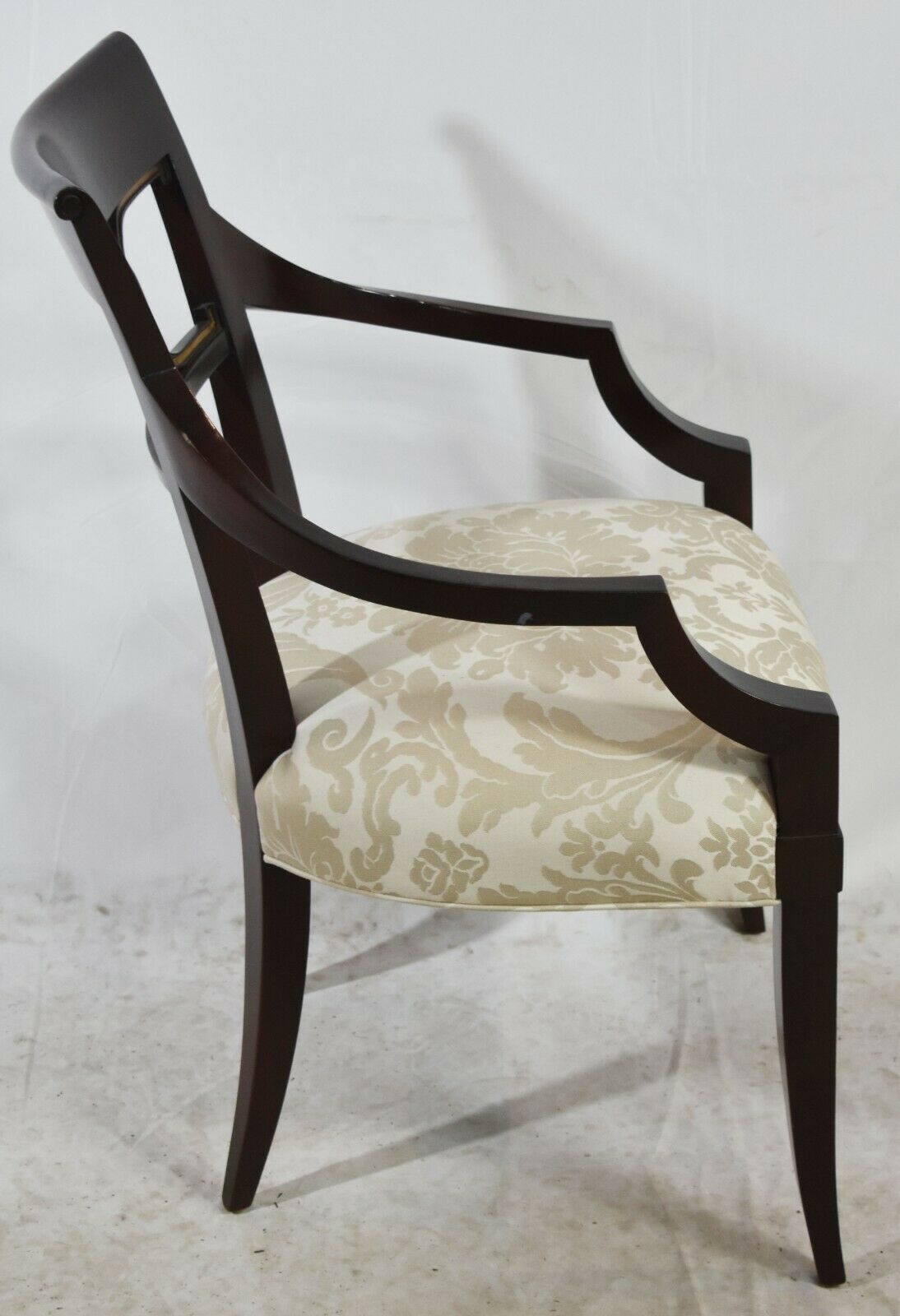 Baker Furniture Hollywood Regency Mahogany Arm Chair Gilt Accents Damask Fabric