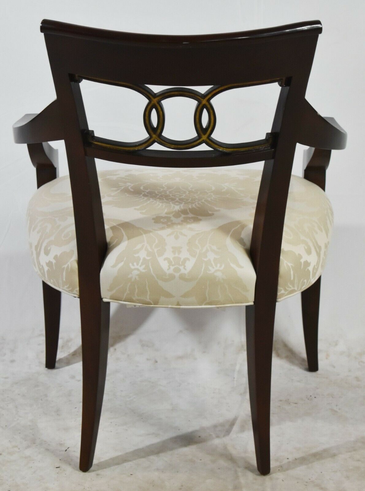 Baker Furniture Hollywood Regency Mahogany Arm Chair Gilt Accents Damask Fabric