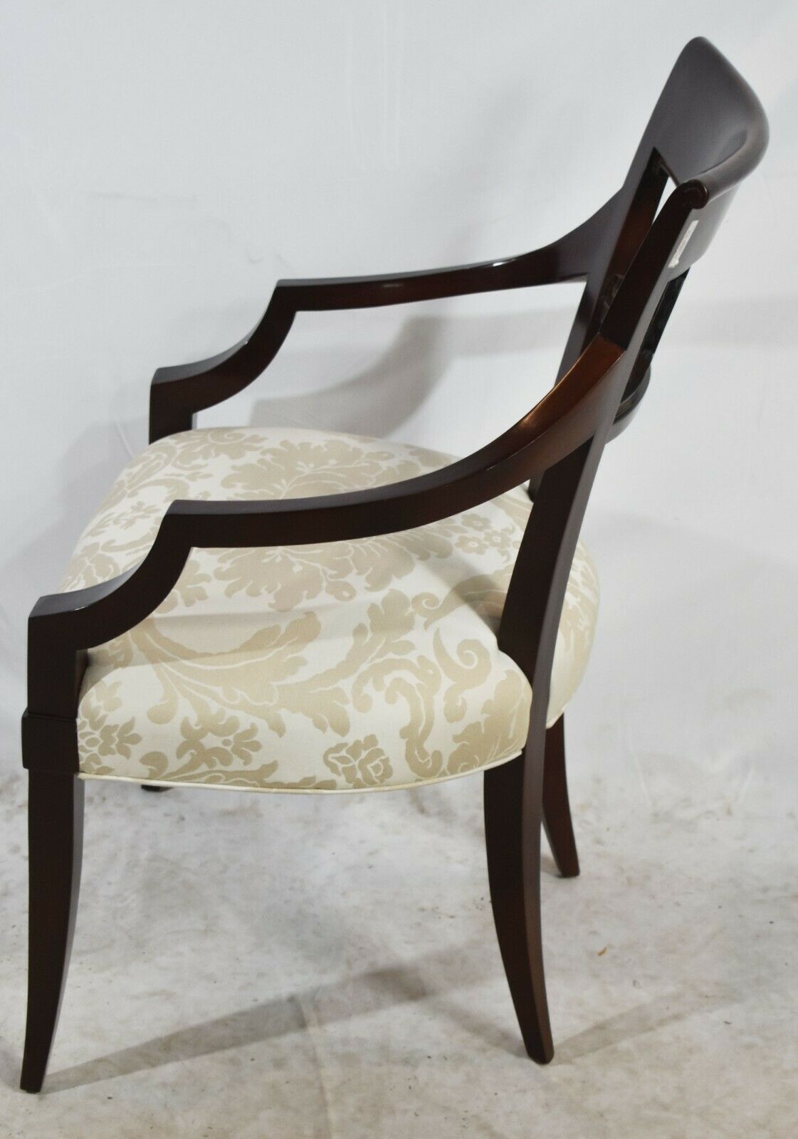 Baker Furniture Hollywood Regency Mahogany Arm Chair Gilt Accents Damask Fabric