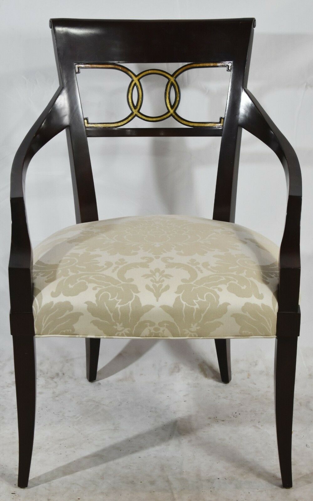 Baker Furniture Hollywood Regency Mahogany Arm Chair Gilt Accents Damask Fabric