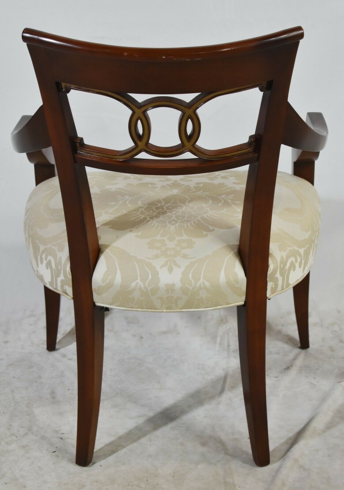 Baker Furniture Hollywood Regency Mahogany Arm Chair Gilt Accents Damask Fabric