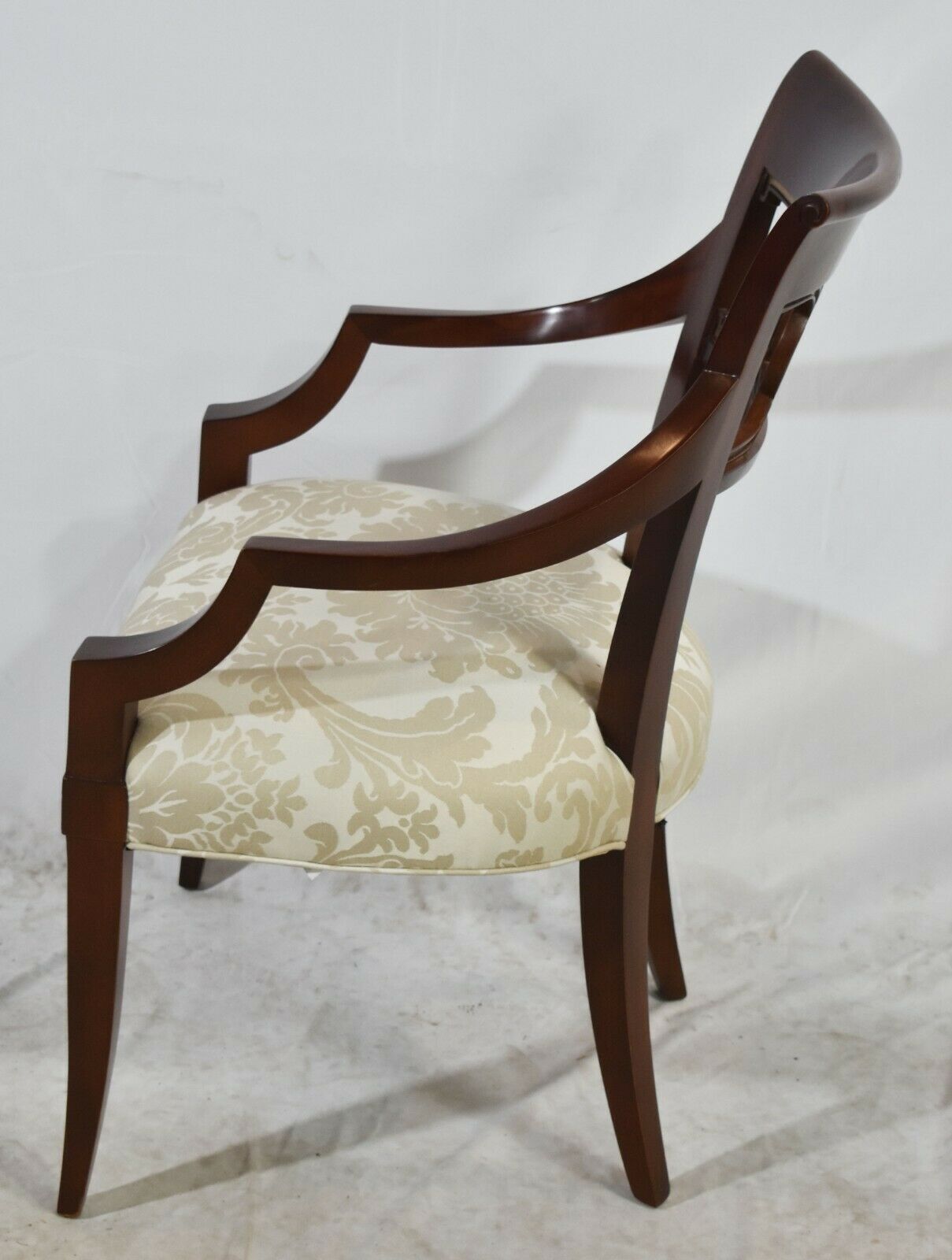 Baker Furniture Hollywood Regency Mahogany Arm Chair Gilt Accents Damask Fabric