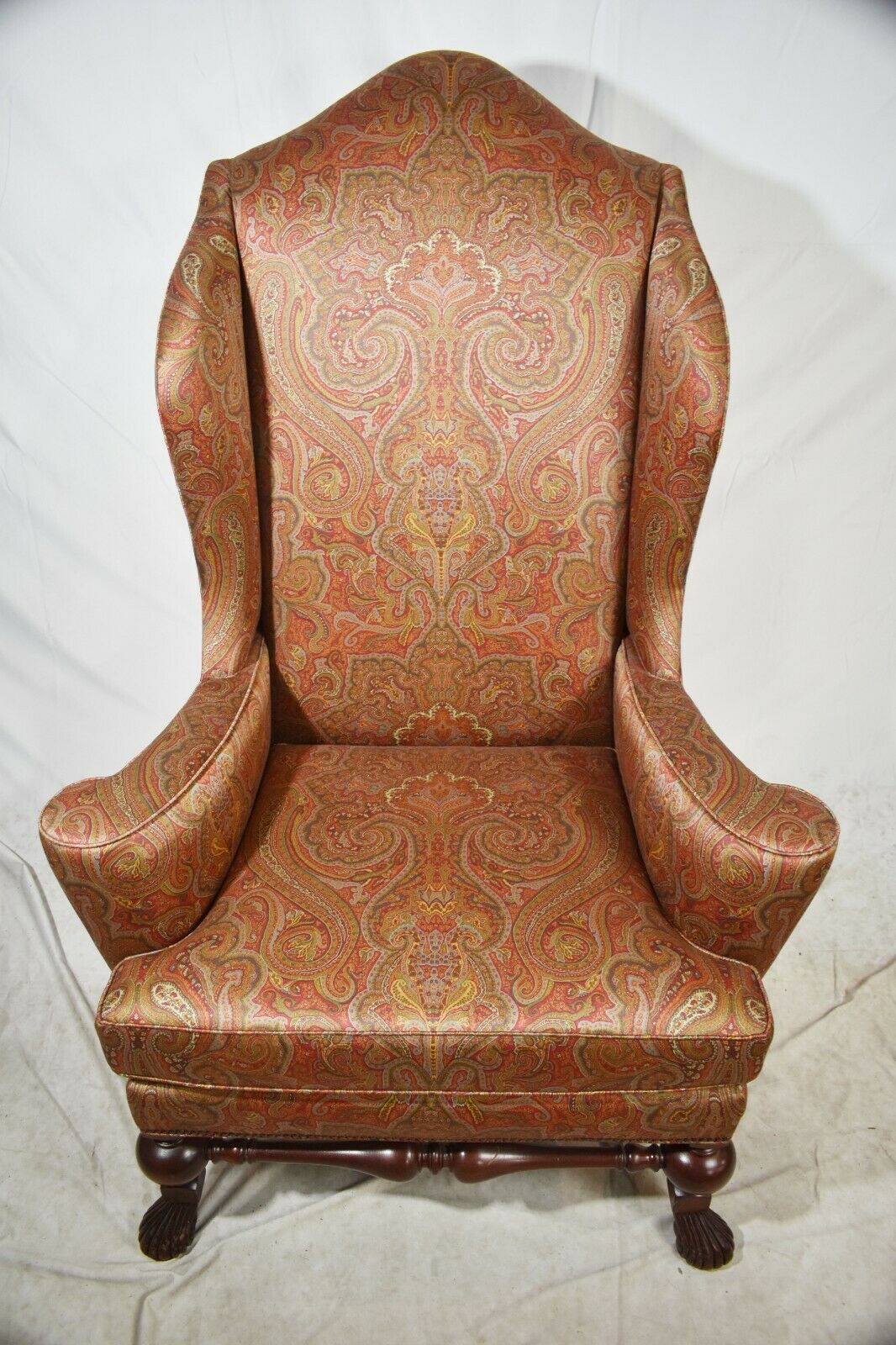 Baker Stately Homes Collection Irish Mahogany Wing Chair Silk Paisley Fabric