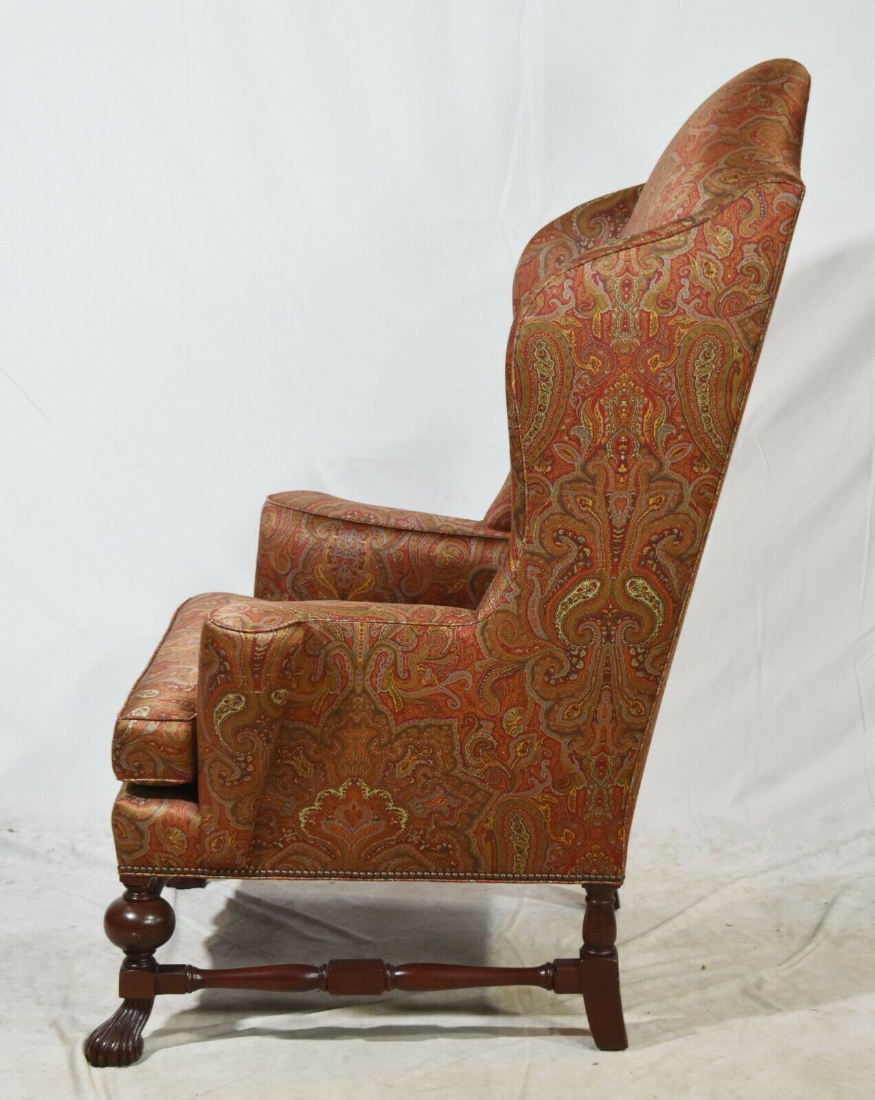 Baker Stately Homes Collection Irish Mahogany Wing Chair Silk Paisley Fabric