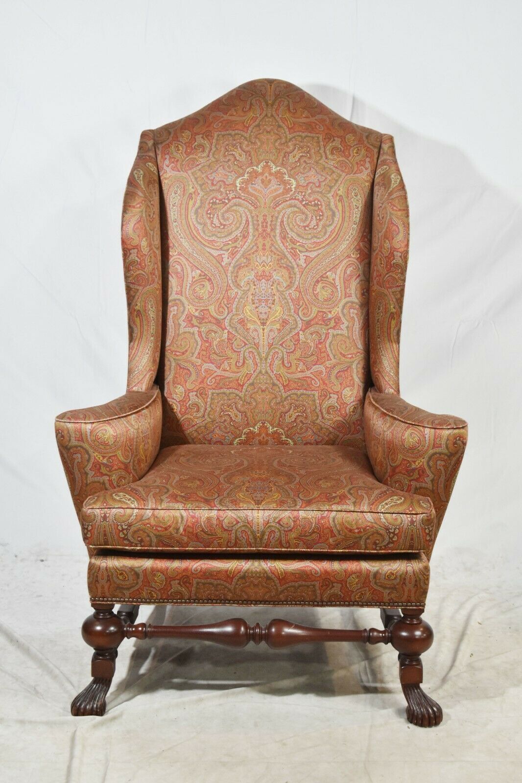 Baker Stately Homes Collection Irish Mahogany Wing Chair Silk Paisley Fabric