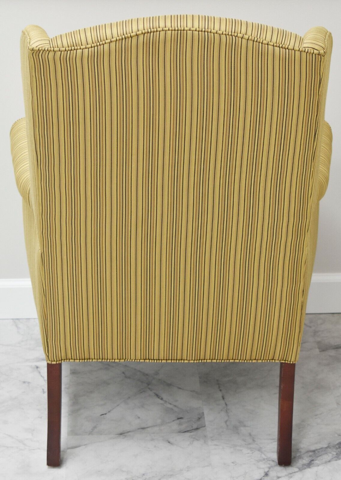 Cox Manufacturing Co. Mahogany Wing Chair Gold Striped Tufted Fabric USA Made