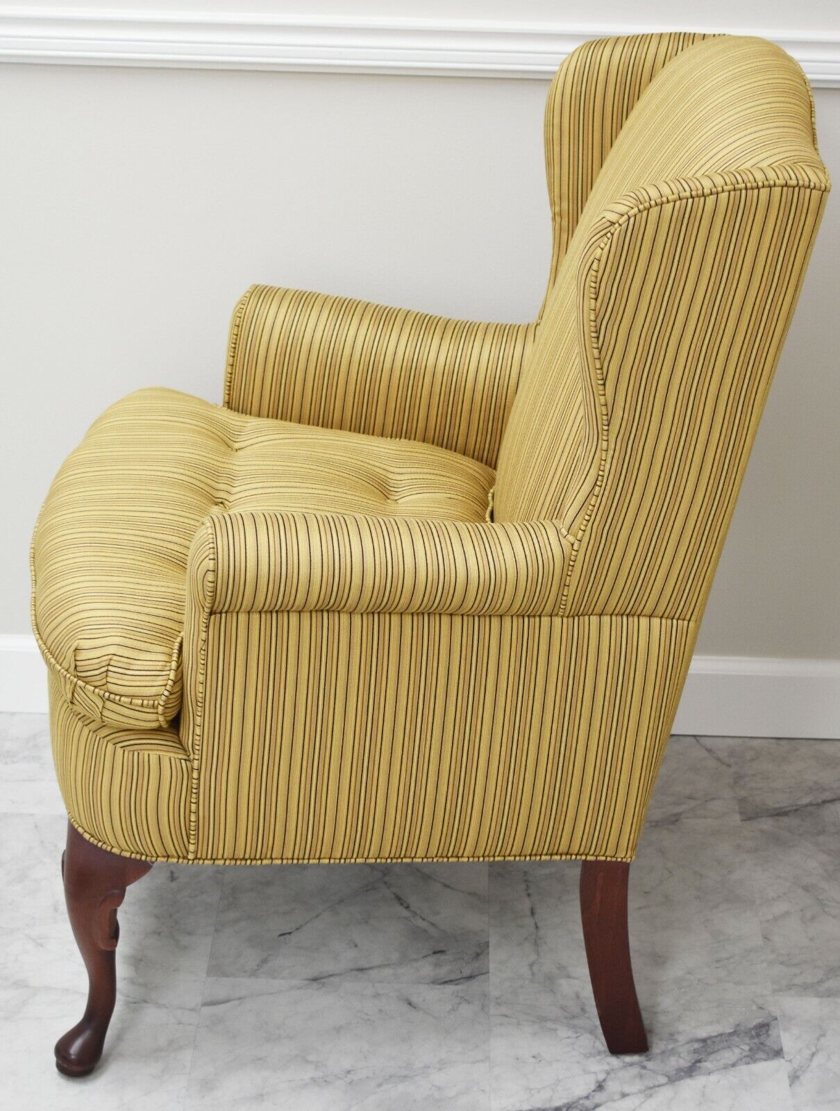 Cox Manufacturing Co. Mahogany Wing Chair Gold Striped Tufted Fabric USA Made