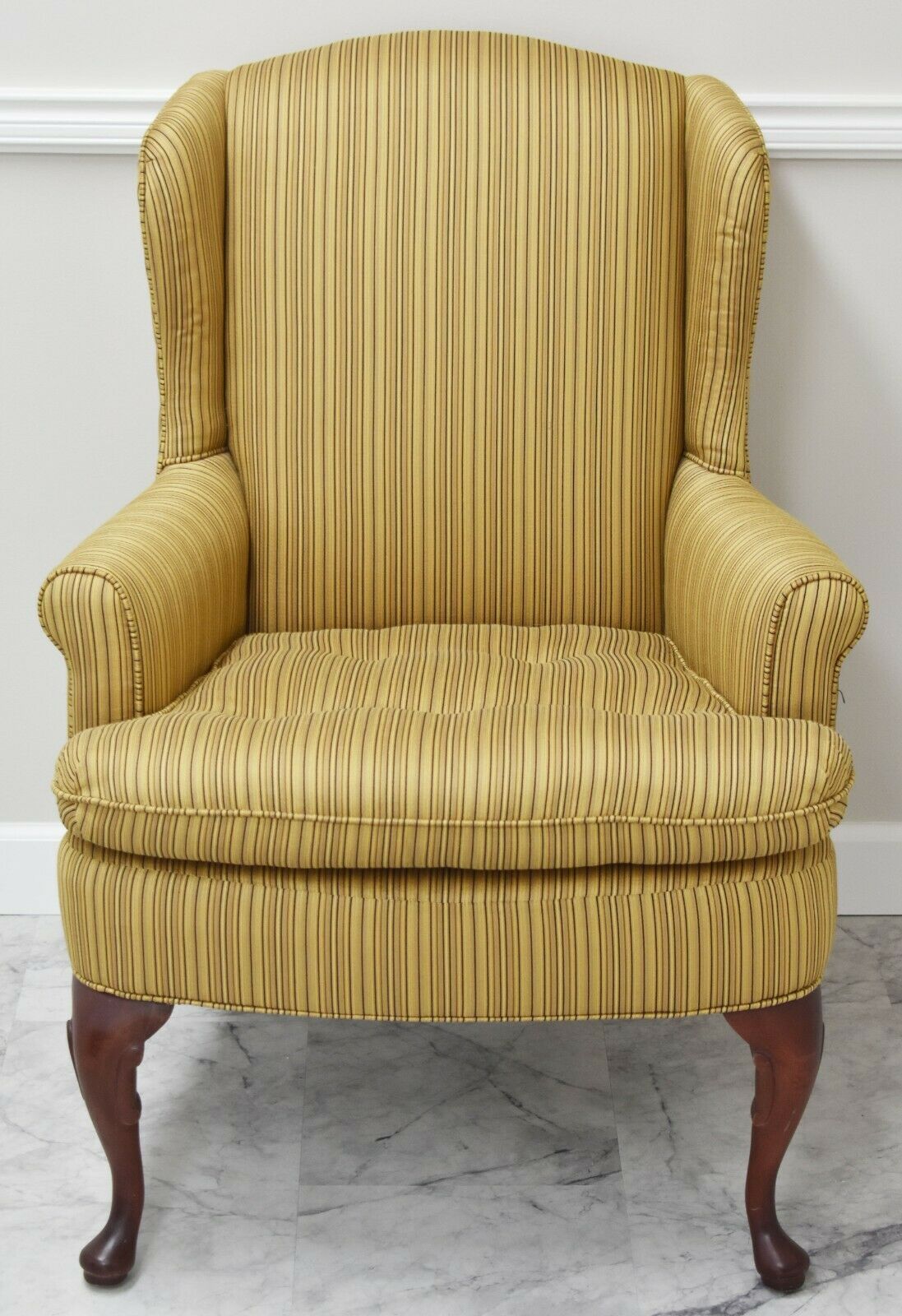 Cox Manufacturing Co. Mahogany Wing Chair Gold Striped Tufted Fabric USA Made