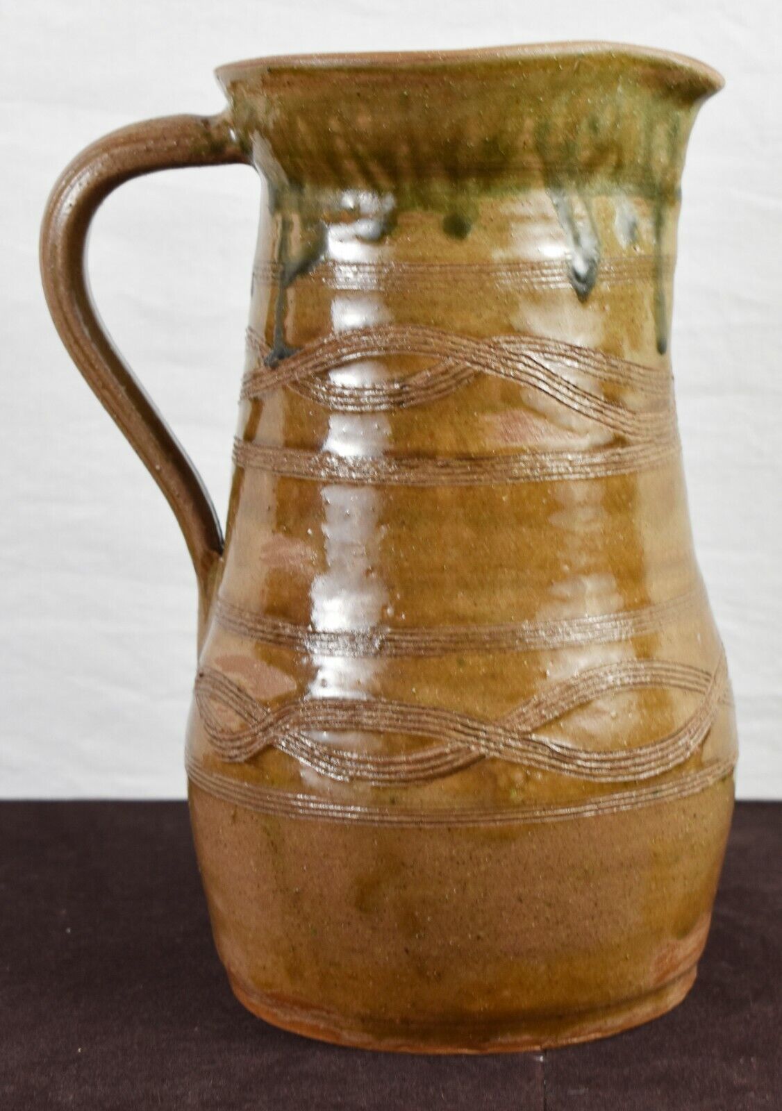 Folk Art Pottery Salt Drip Glazed Pottery Pitcher Signed Trip Pottery