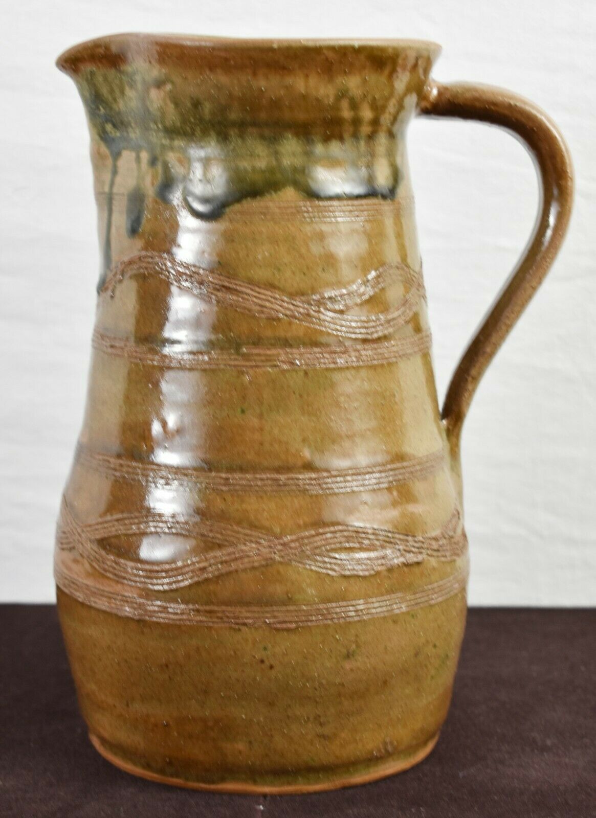 Folk Art Pottery Salt Drip Glazed Pottery Pitcher Signed Trip Pottery