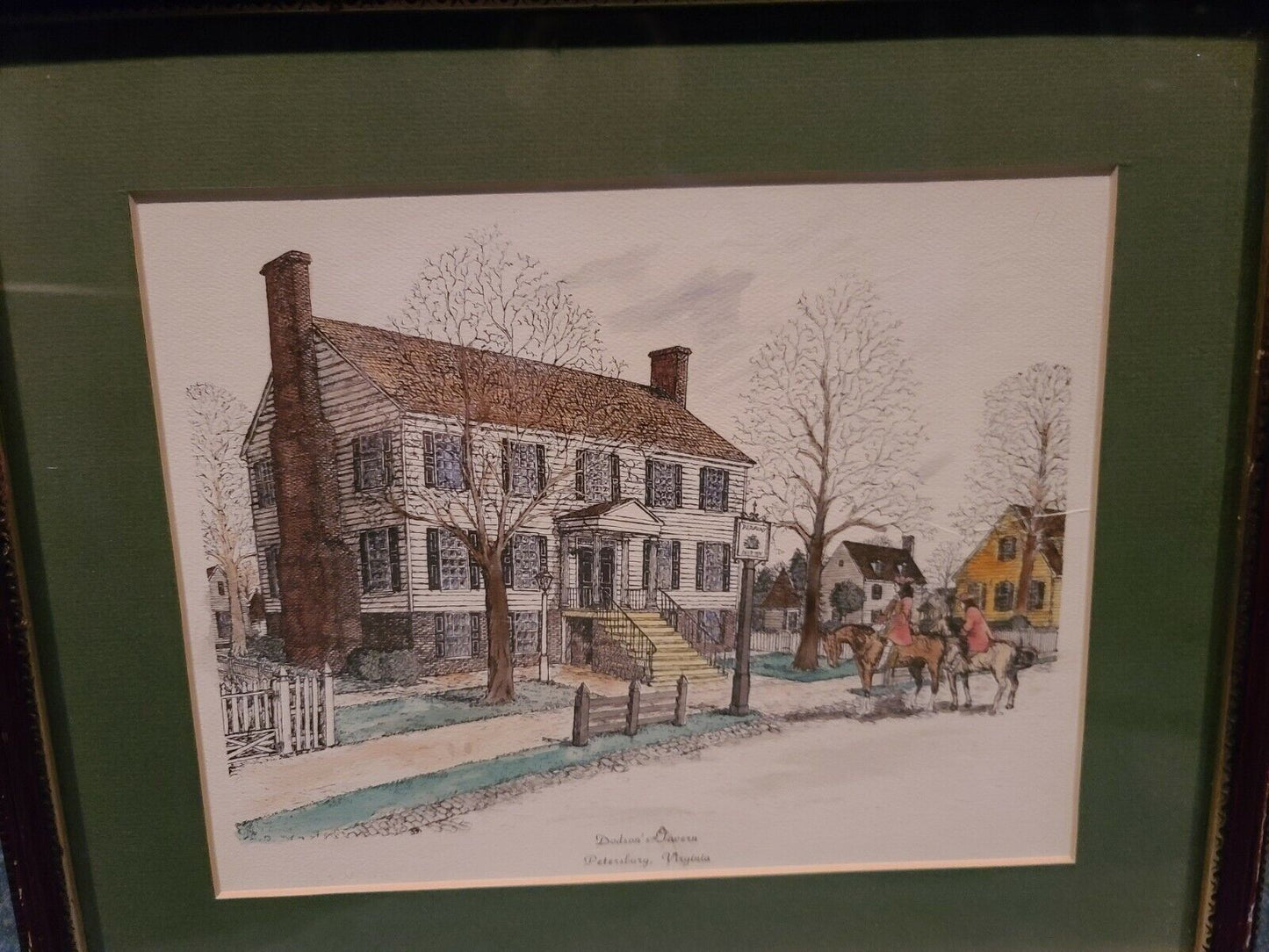 Framed Hand Colored Etching Dodson's Tavern, Petersburg, Virginia