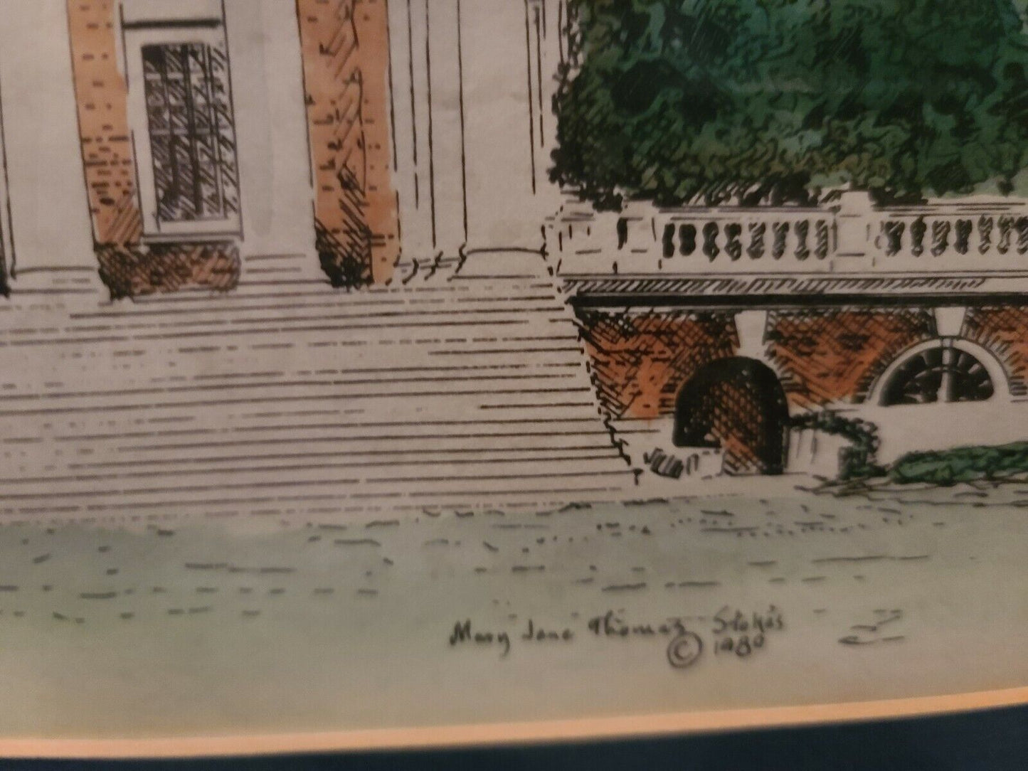 Framed Hand Colored Print The Rotunda, University of Virginia by Mary Stokes