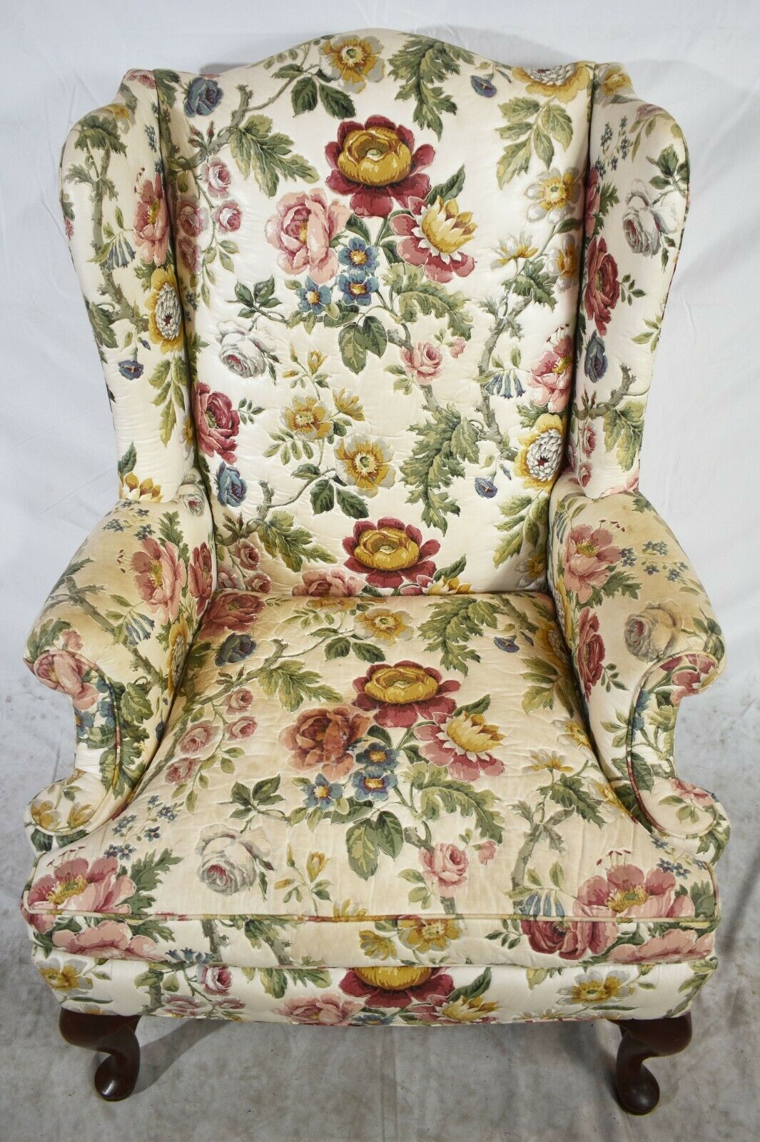 Hickory Chair Queen Anne Mahogany Wing Chair Williamsburg Style Quilt Fabric