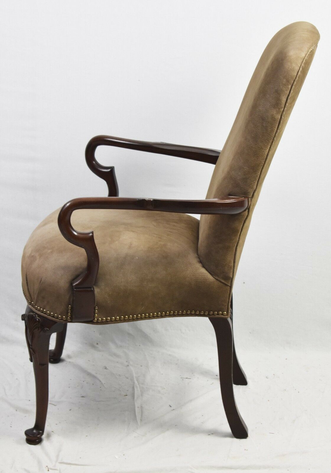 Old Hickory Tannery Mahogany Chair with Ottaman Tan Leather Fabric Nailhead Trim