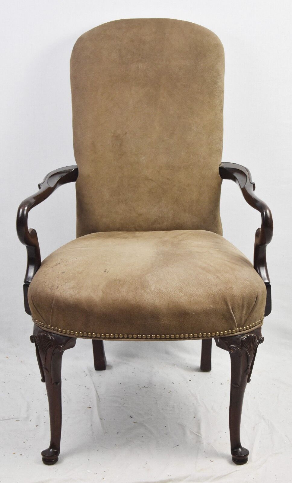 Old Hickory Tannery Mahogany Chair with Ottaman Tan Leather Fabric Nailhead Trim