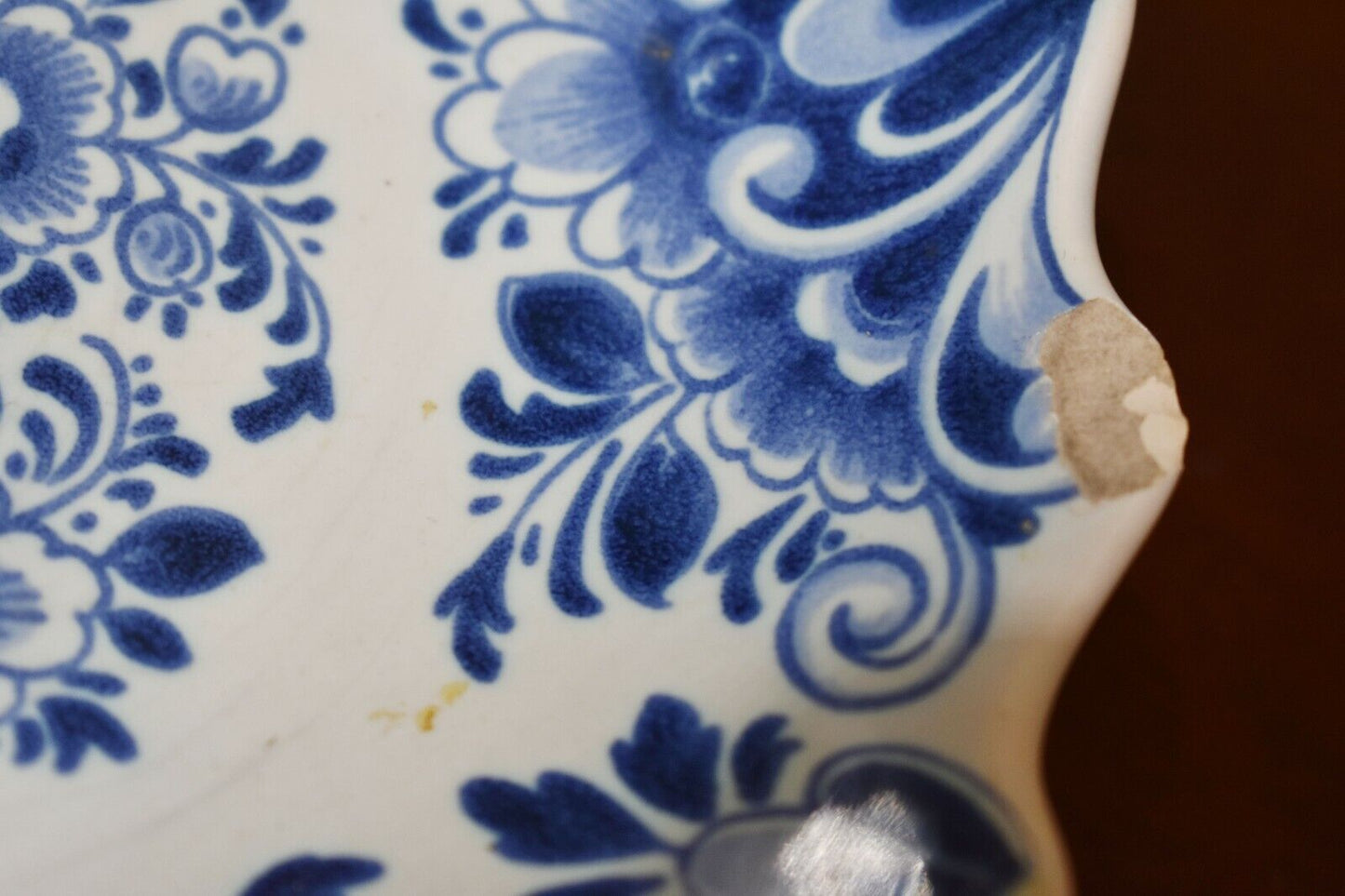 OUD Delft Pottery Porcelain Blue & White Flower Shallow Bowl Ruffled Edge