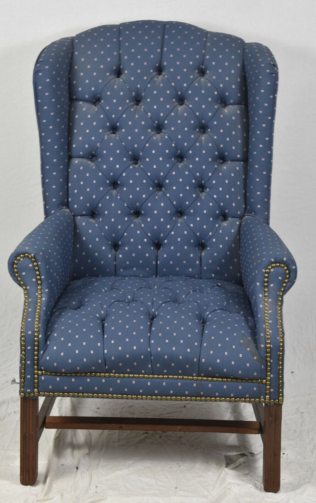 Pair Tufted Designer Mahogany Chippendale Armchairs Wing Chairs Blue Fabric