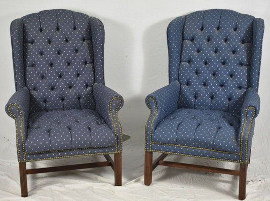 Pair Tufted Designer Mahogany Chippendale Armchairs Wing Chairs Blue Fabric