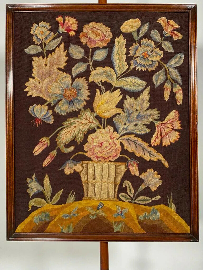 Queen Anne Style Mahogany Firescreen Fireplace Needlepoint Tapestry