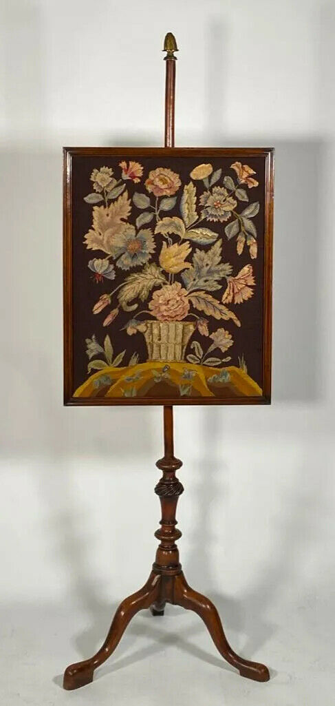 Queen Anne Style Mahogany Firescreen Fireplace Needlepoint Tapestry