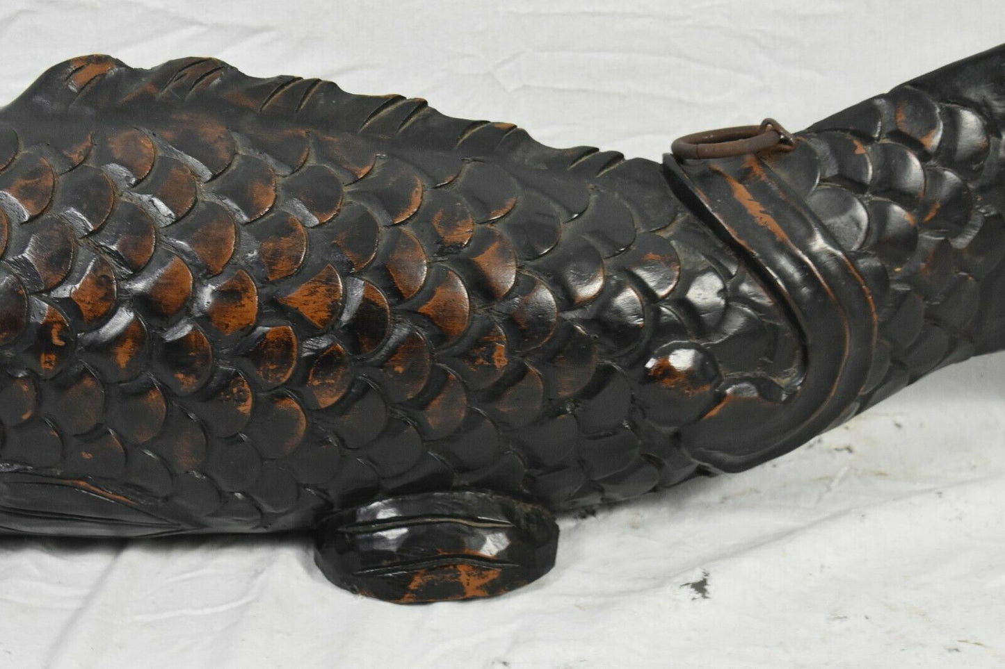 RARE MEIJI PERIOD JAPAN CARVED WOOD KOI FISH "JIZAI KAGI" KETTLE HOOK 33..5" W