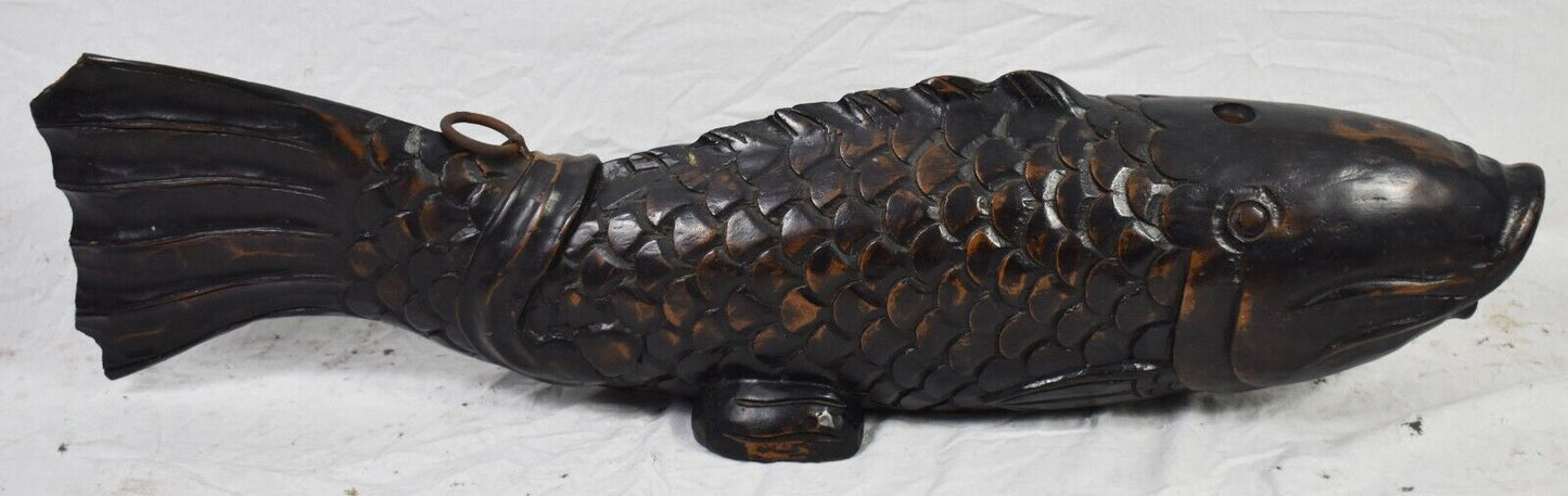 RARE MEIJI PERIOD JAPAN CARVED WOOD KOI FISH "JIZAI KAGI" KETTLE HOOK 33..5" W