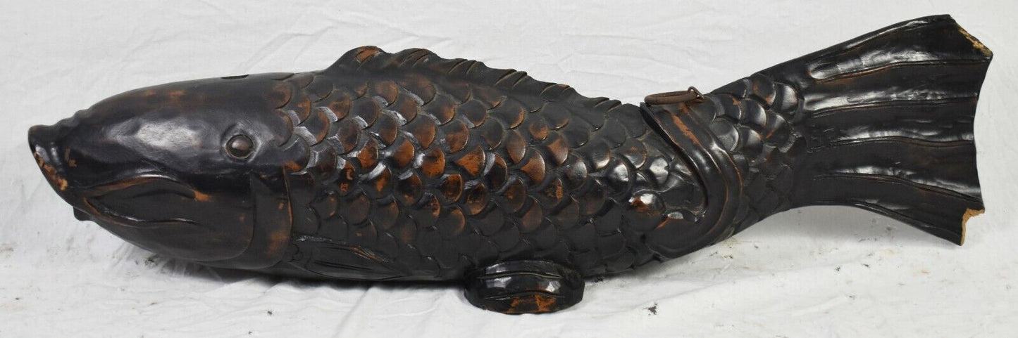 RARE MEIJI PERIOD JAPAN CARVED WOOD KOI FISH "JIZAI KAGI" KETTLE HOOK 33..5" W