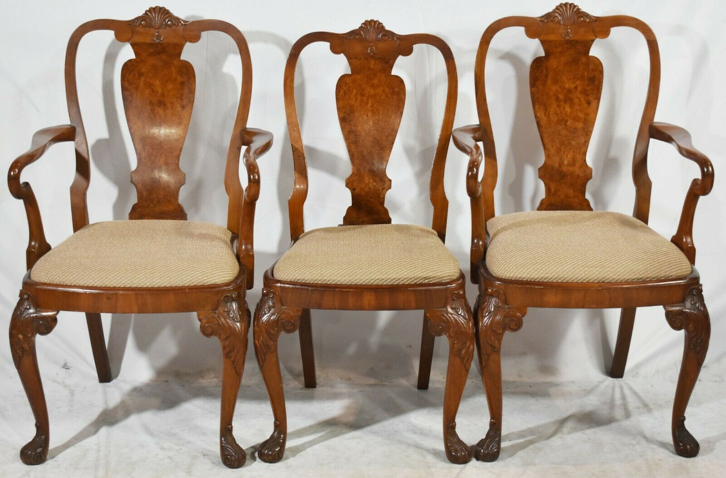 Set of 6 Queen Anne Burl Walnut Dining Chairs Claw and Ball feet Carved Shell