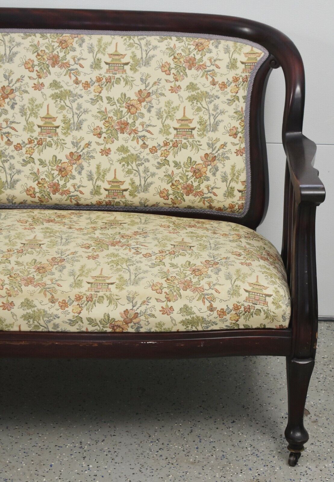 Victorian Mahogany Settee w Casters Chinoiserie Toile Fabric 19th Century