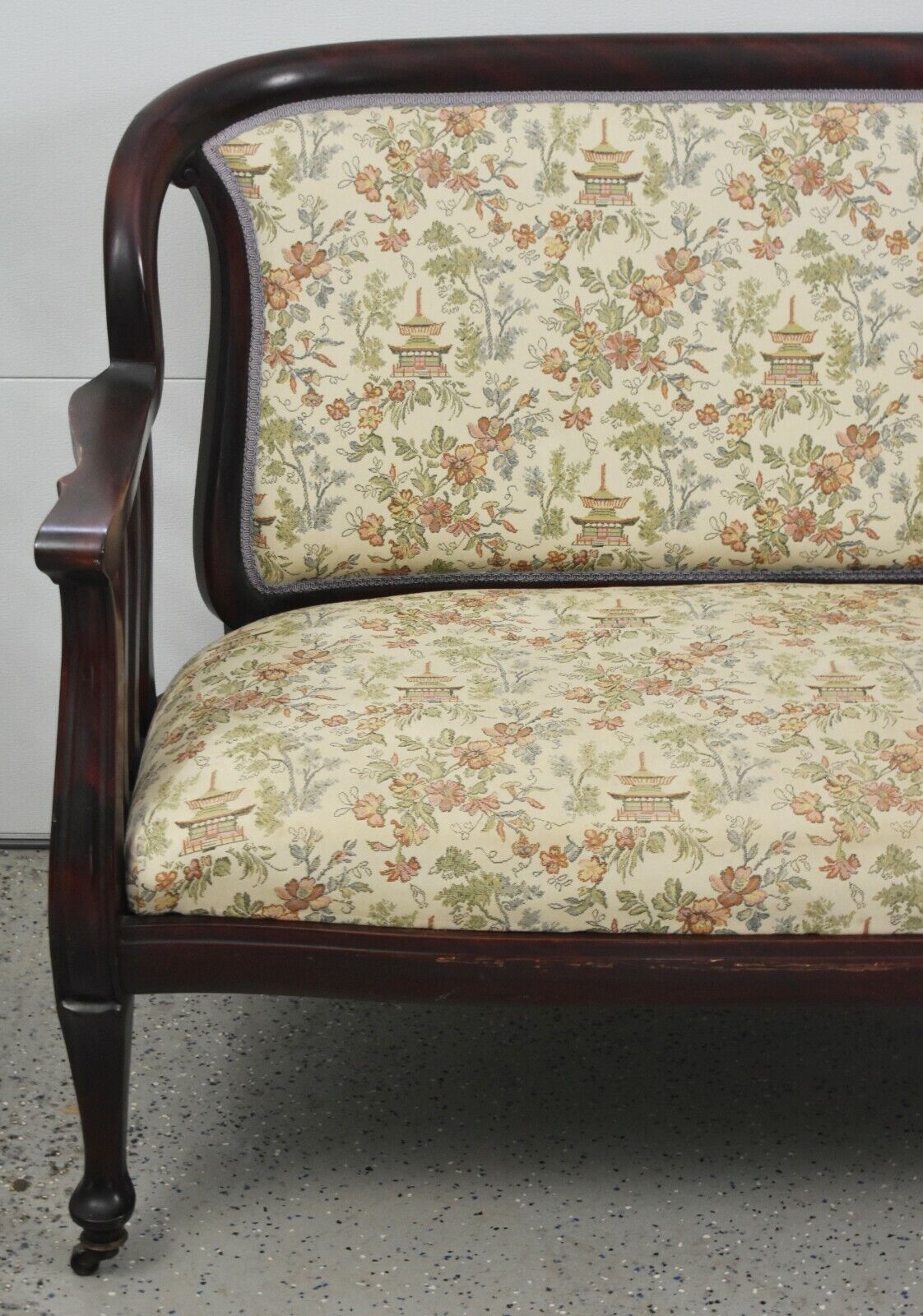 Victorian Mahogany Settee w Casters Chinoiserie Toile Fabric 19th Century