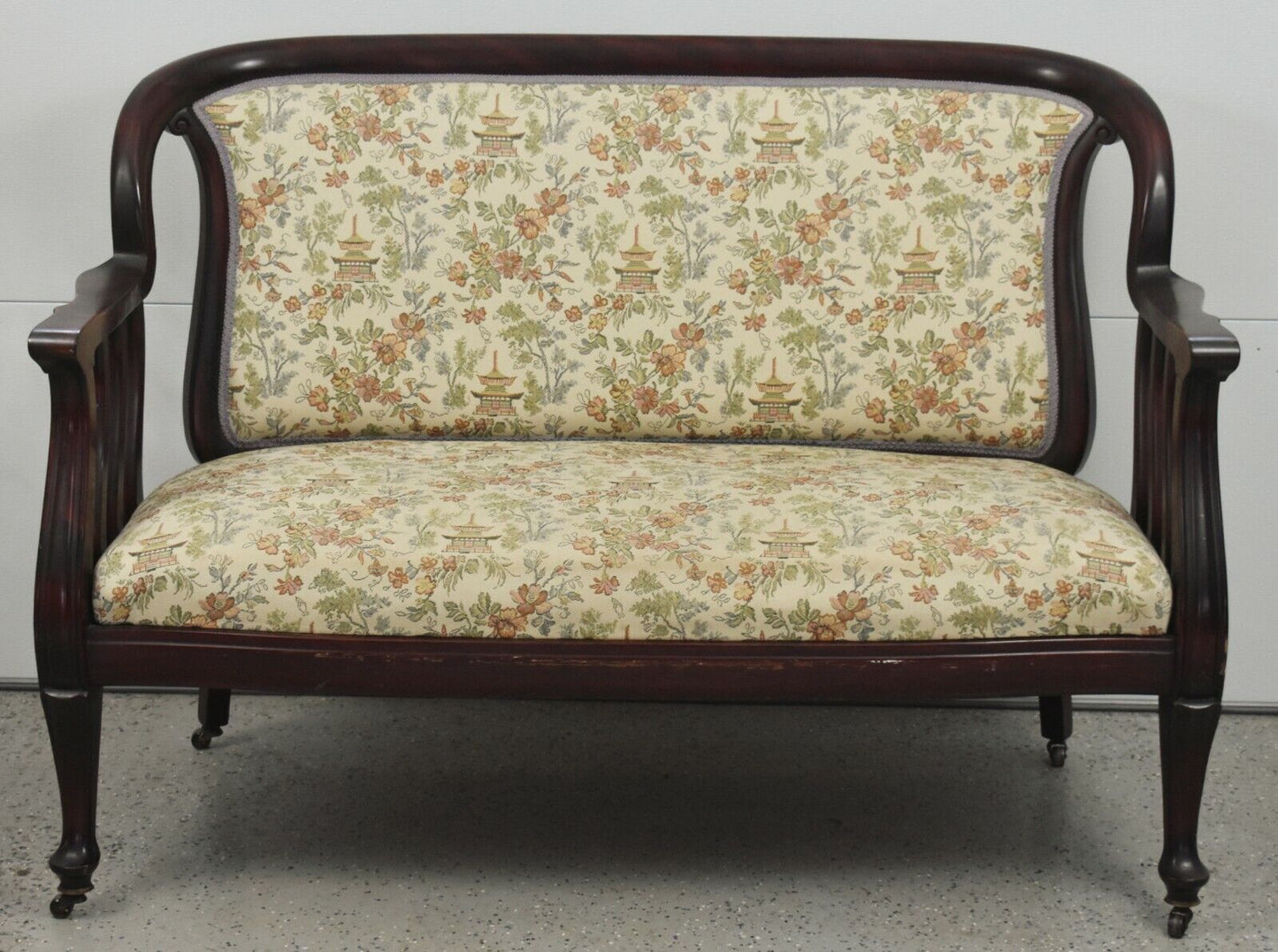 Victorian Mahogany Settee w Casters Chinoiserie Toile Fabric 19th Century