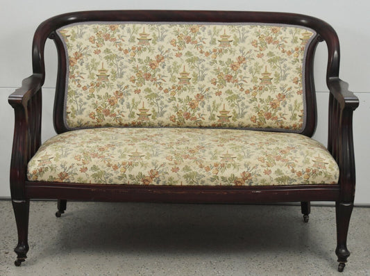 Victorian Mahogany Settee w Casters Chinoiserie Toile Fabric 19th Century