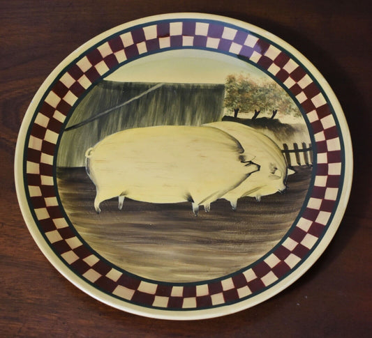 Vintage Farm Animals Display Plates - Checkerboard Folk Art Design Pigs