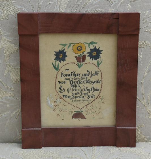 Vintage Fraktur Framed Pennsylvania Dutch Folk Art Heart & Flowers Framed