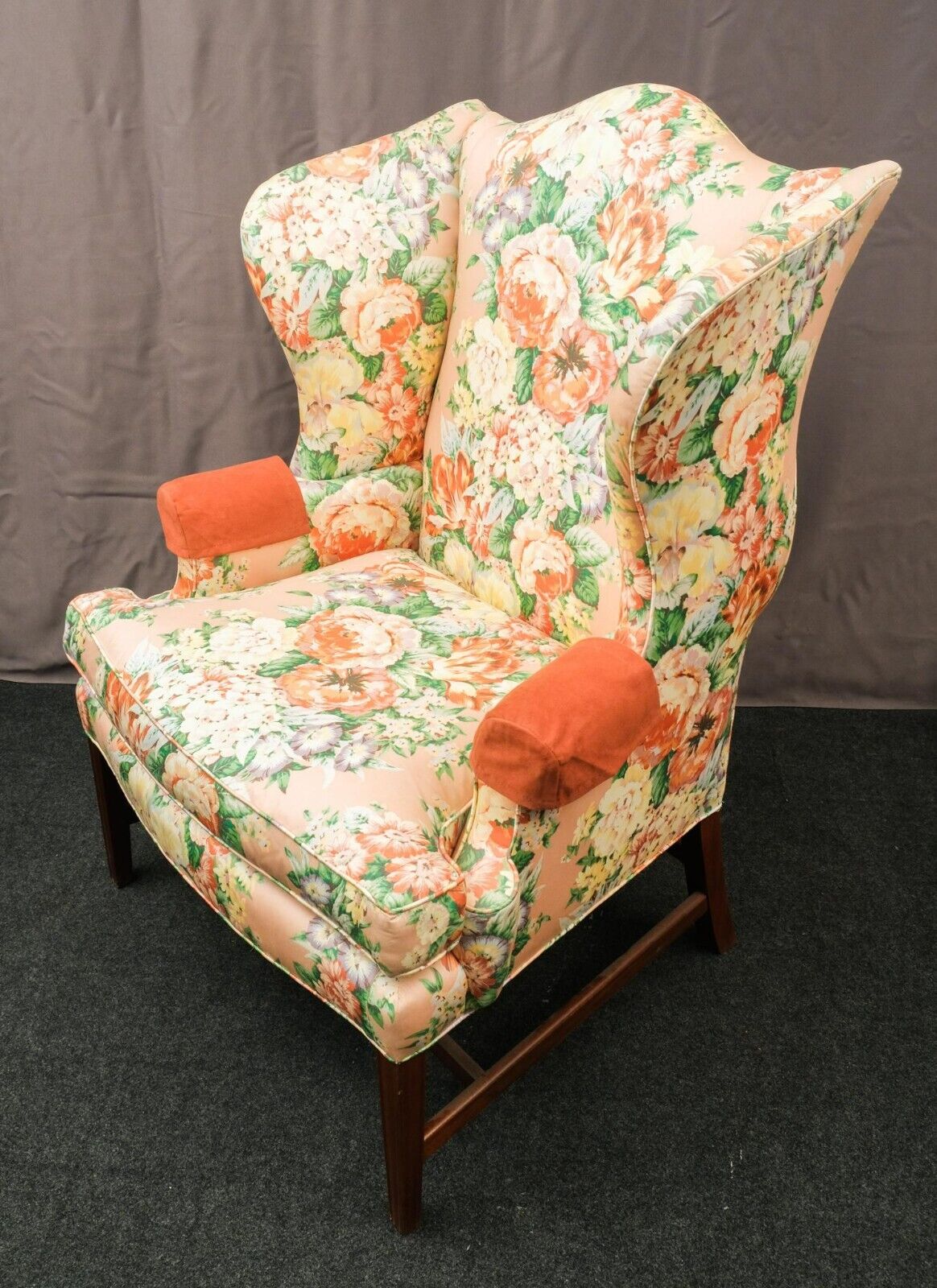 Baker Chippendale Style Mahogany Wing Chair Silk & Velvet Fabric