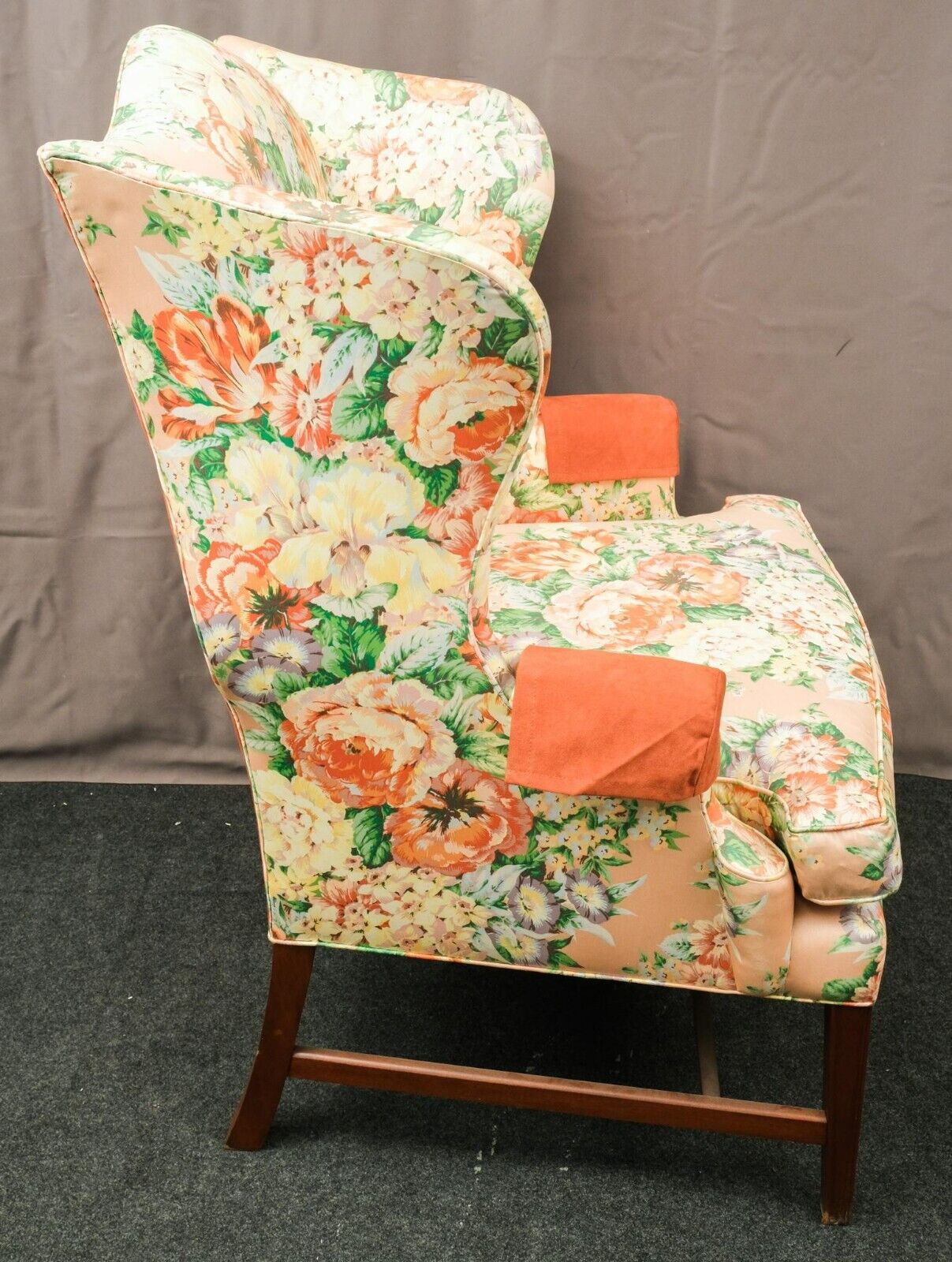 Baker Chippendale Style Mahogany Wing Chair Silk & Velvet Fabric