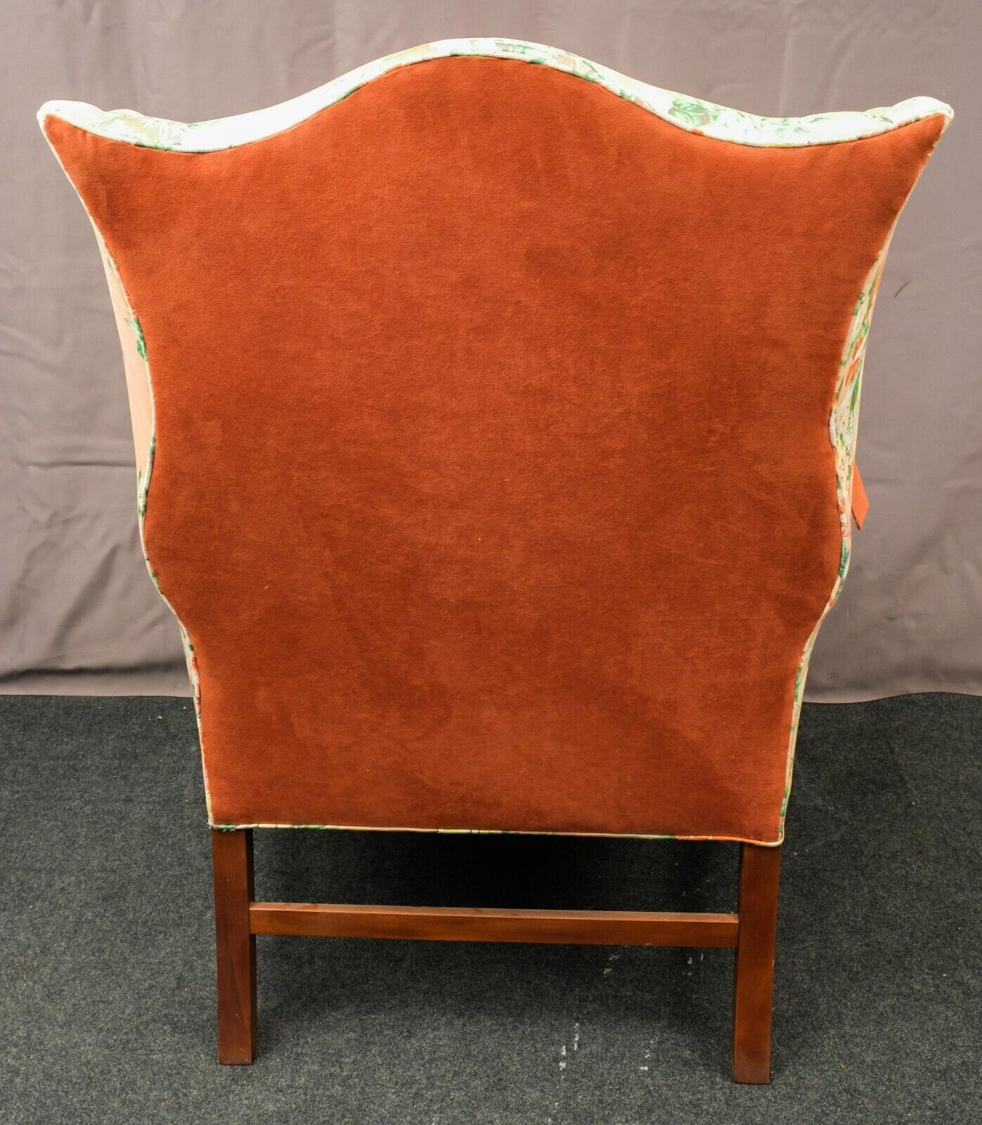 Baker Chippendale Style Mahogany Wing Chair Silk & Velvet Fabric