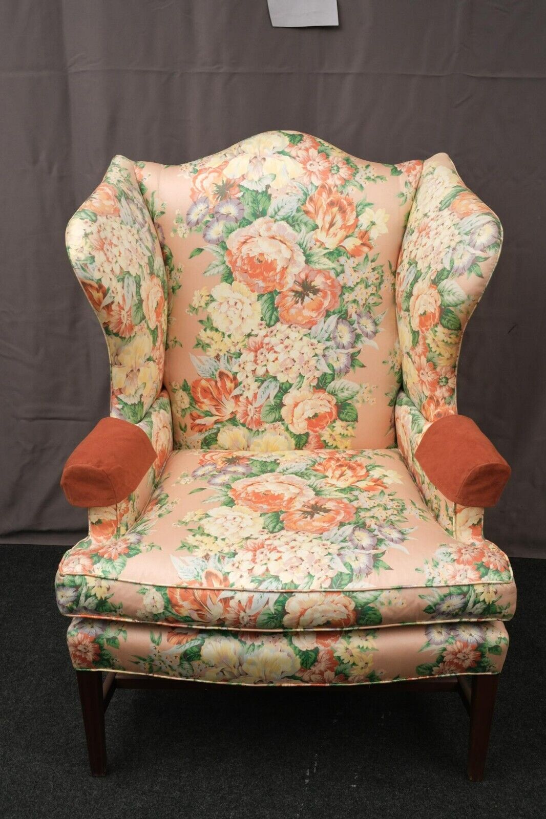 Baker Chippendale Style Mahogany Wing Chair Silk & Velvet Fabric