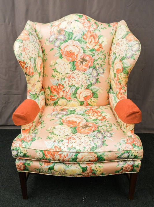 Baker Chippendale Style Mahogany Wing Chair Silk & Velvet Fabric