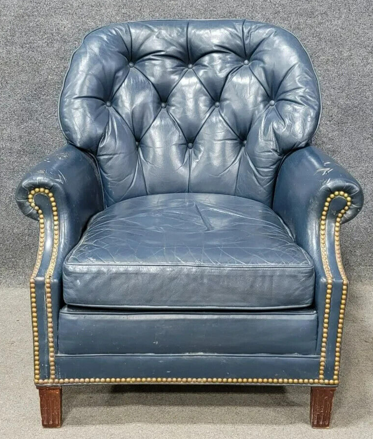 HANCOCK & MOORE Blue Tufted Leather Arm Chair with Brass Nailhead Trim