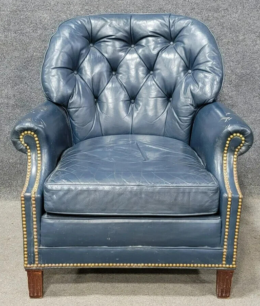 HANCOCK & MOORE Blue Tufted Leather Arm Chair with Brass Nailhead Trim