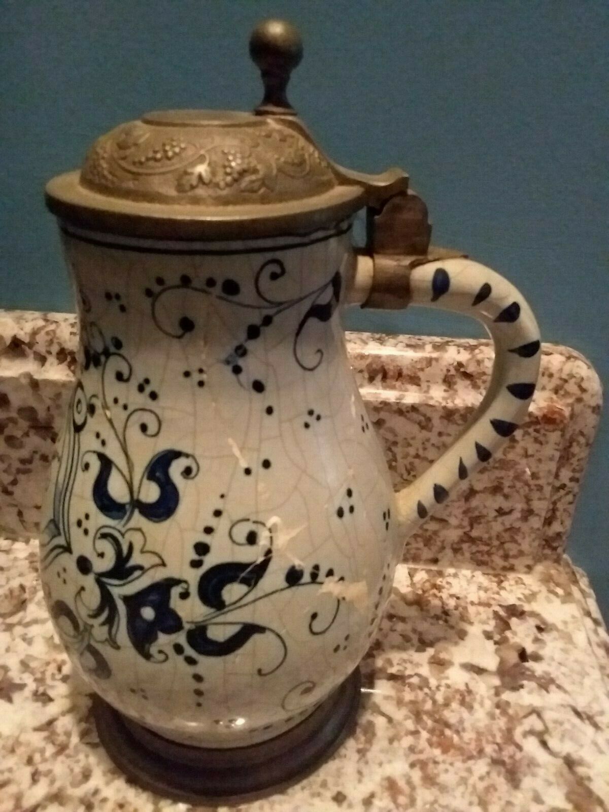 Antique FAIENCE Pewter Stein Nurnberg Circa 1720-1740 18th Century Delft Style