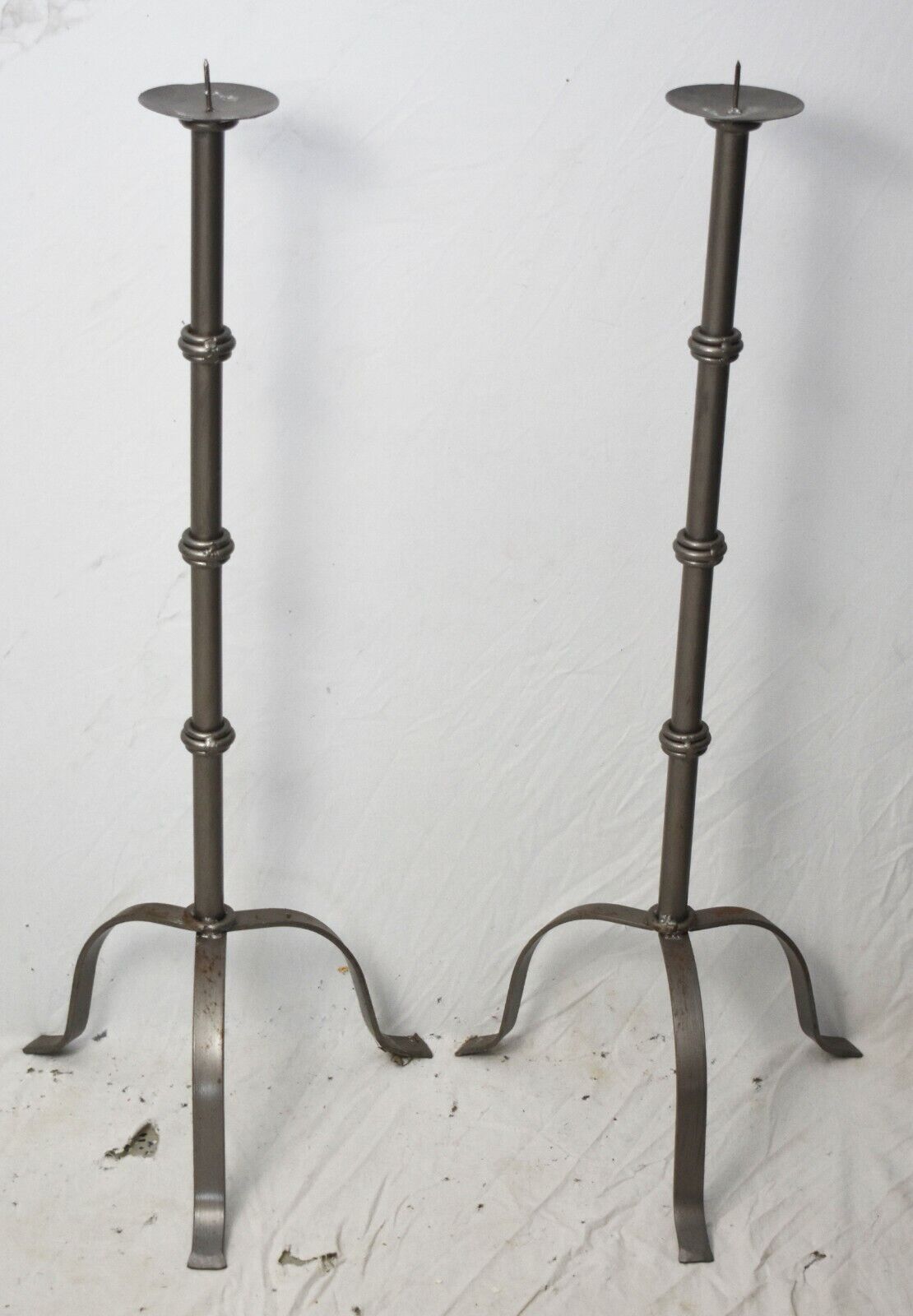 Pair of Hand Forged Wrought Iron Spiked Candlestick, Candle Holder Primitive